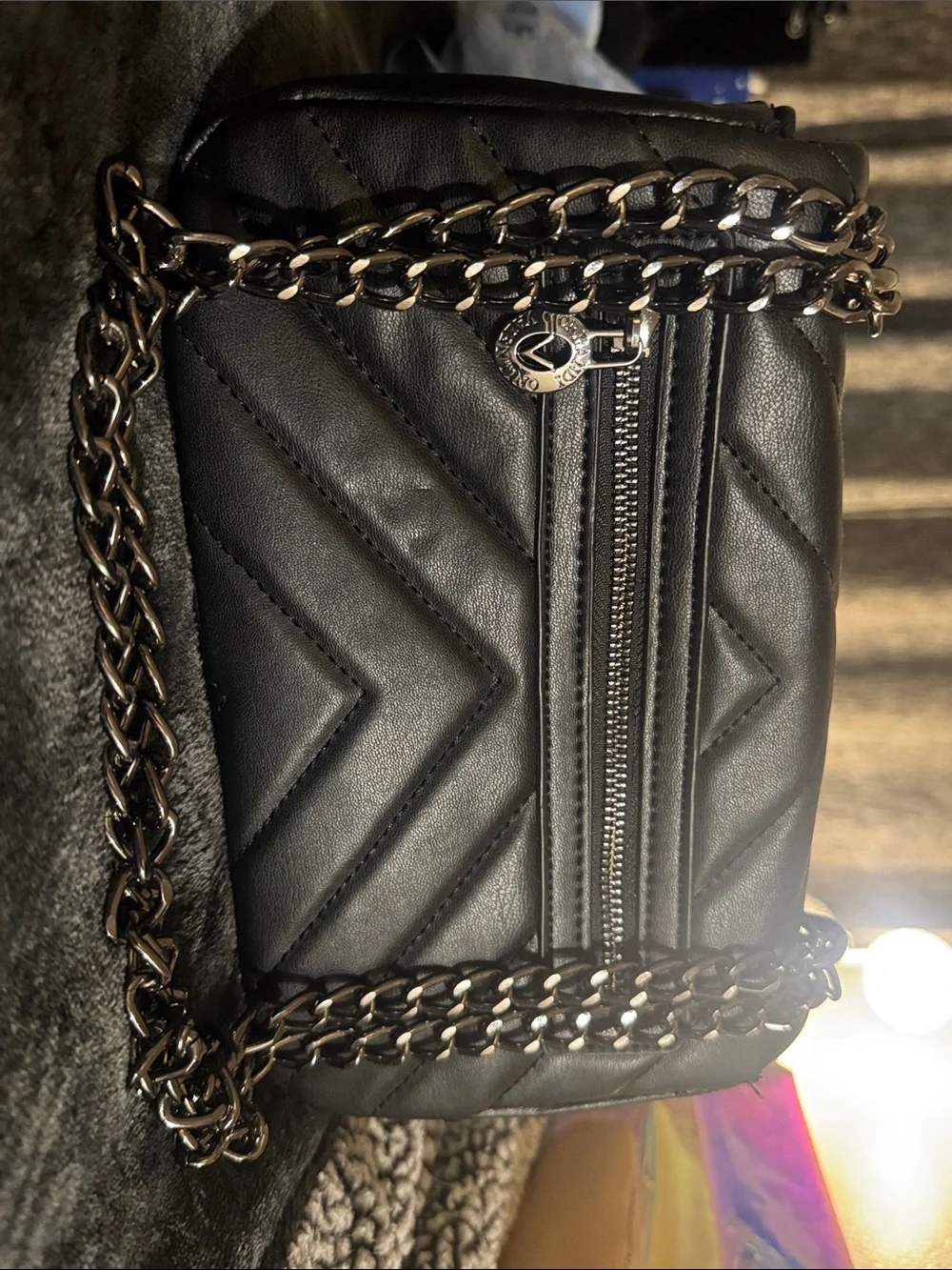 Valentino Orlandi Black Quilted Crossbody with Silver-Tone V Turn-Lock